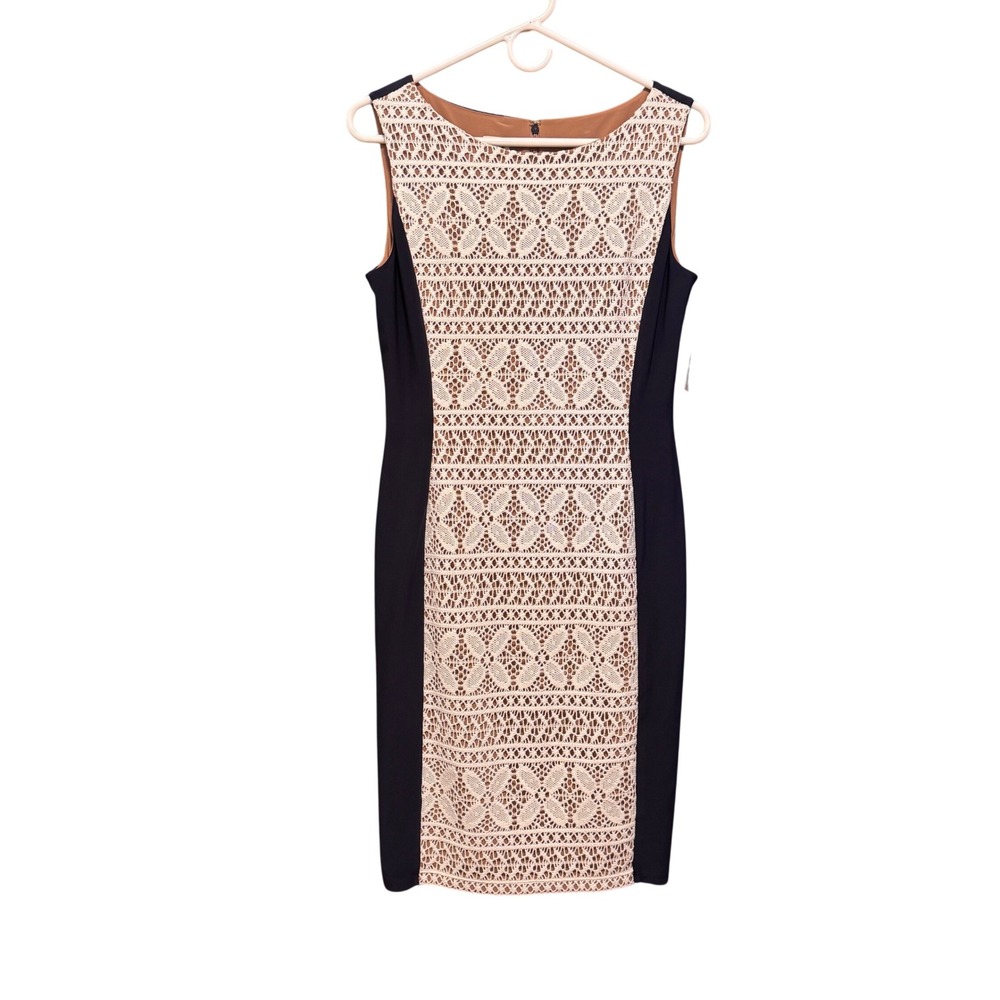 Anne Klein Dress Womens 8P‎ Eggshell Navy Lace Overlay Sheath 10500121-6PN NEW